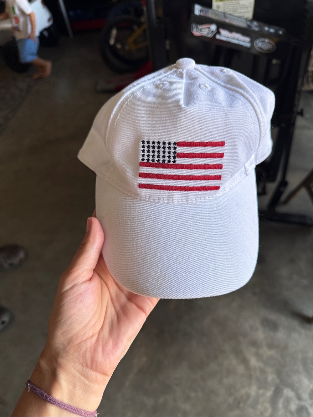 Janie and Jack White Kids Baseball Cap with Red & Blue Flag Embroidery